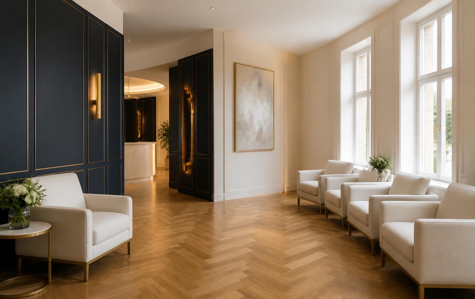 The waiting area at the Sandton Central rooms, with navy panelling and natural light