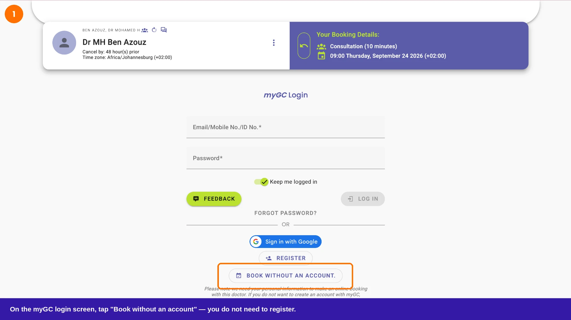 The myGC login screen with the Book without an account button highlighted