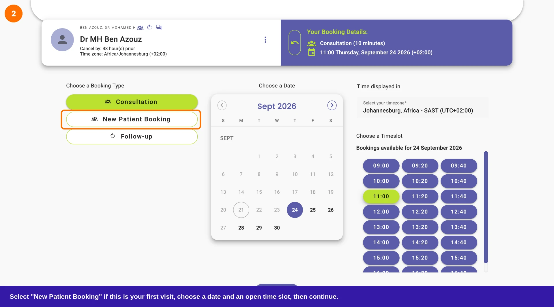The booking screen with visit type, calendar and open time slots