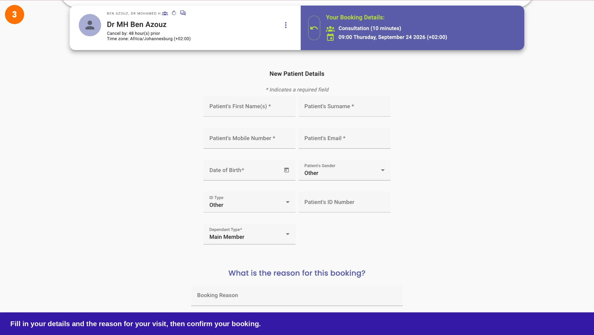 The new patient details form with contact fields and booking reason
